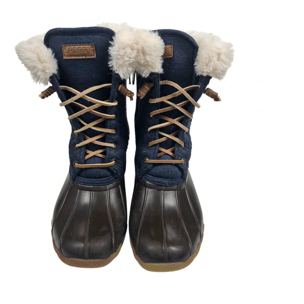 Sperry Girls Navy Quilted Winter Boots with Faux Fur Trim Sz 2